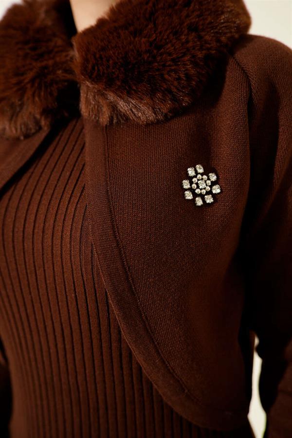 Fur Detailed Vest Knit Dress Brown