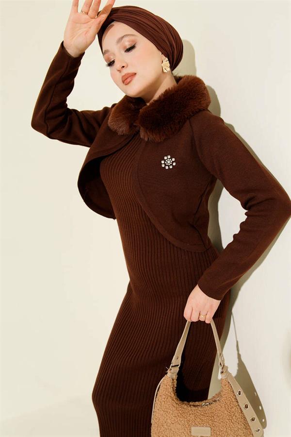 Fur Detailed Vest Knit Dress Brown
