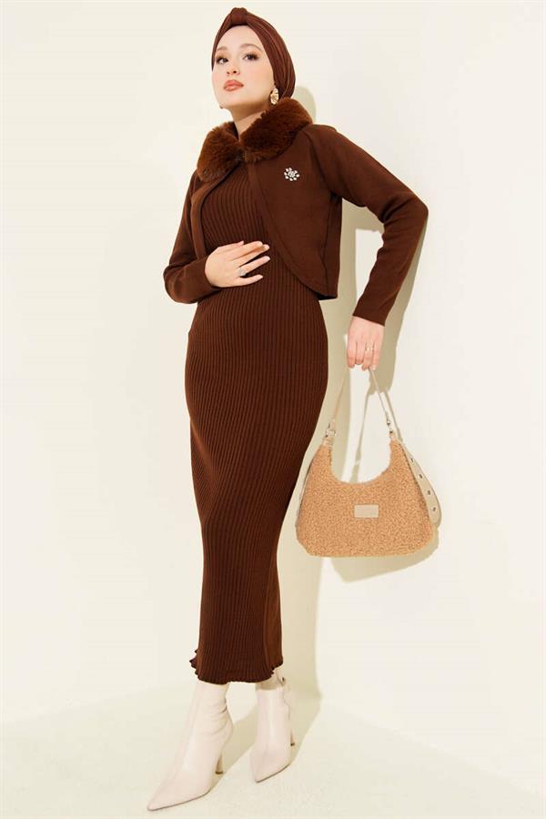 Fur Detailed Vest Knit Dress Brown