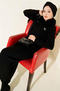 Fur Detailed Vest Knit Dress Black
