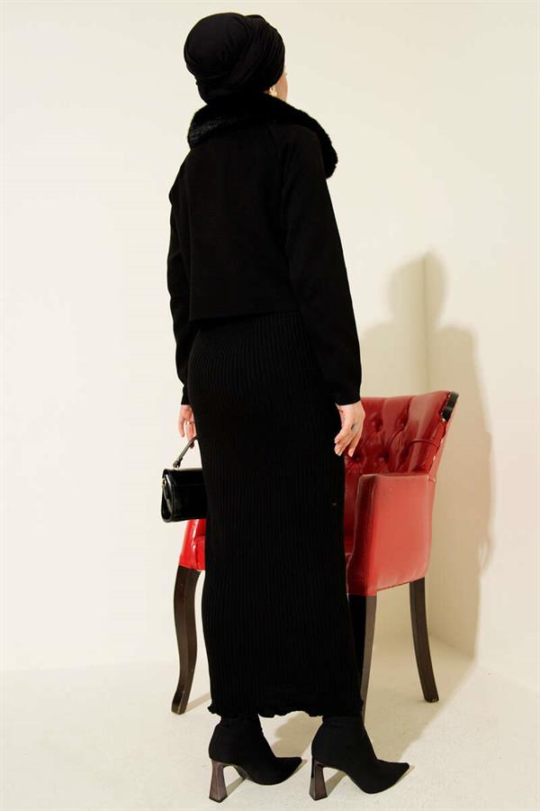 Fur Detailed Vest Knit Dress Black
