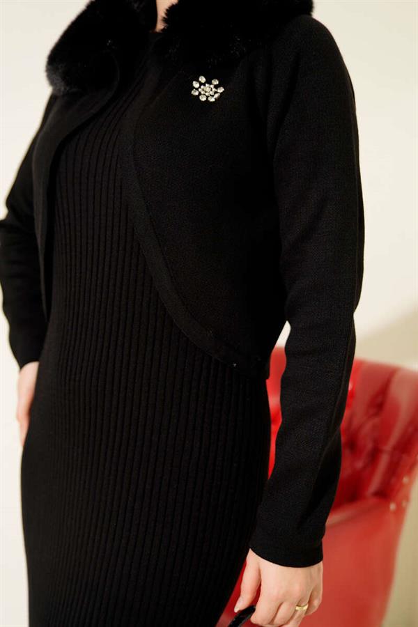 Fur Detailed Vest Knit Dress Black