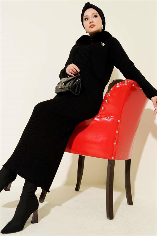 Fur Detailed Vest Knit Dress Black