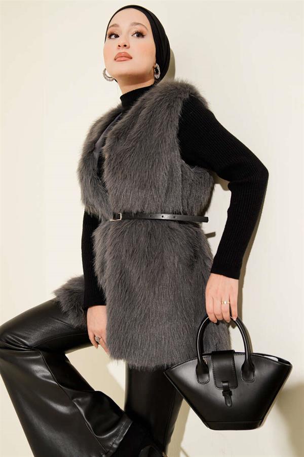 Fur Belted Vest in Smoke