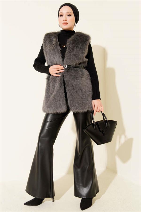 Fur Belted Vest in Smoke