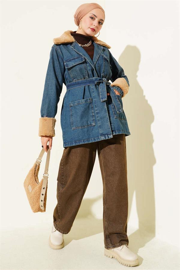 Fur Belt Detailed Denim Jacket Blue