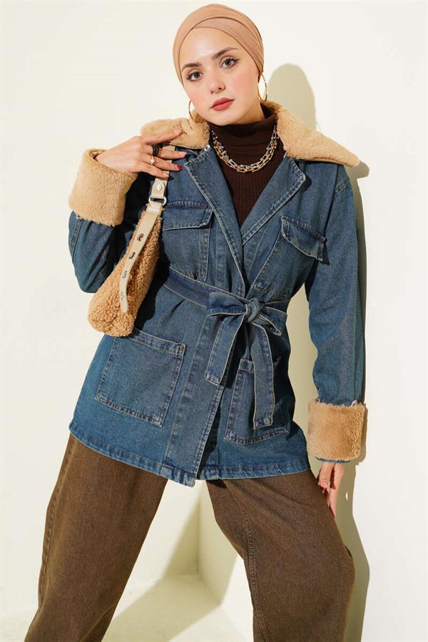Fur Belt Detailed Denim Jacket Blue