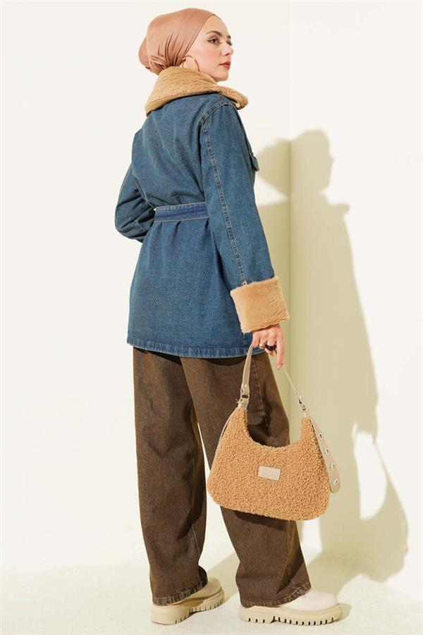 Fur Belt Detailed Denim Jacket Blue