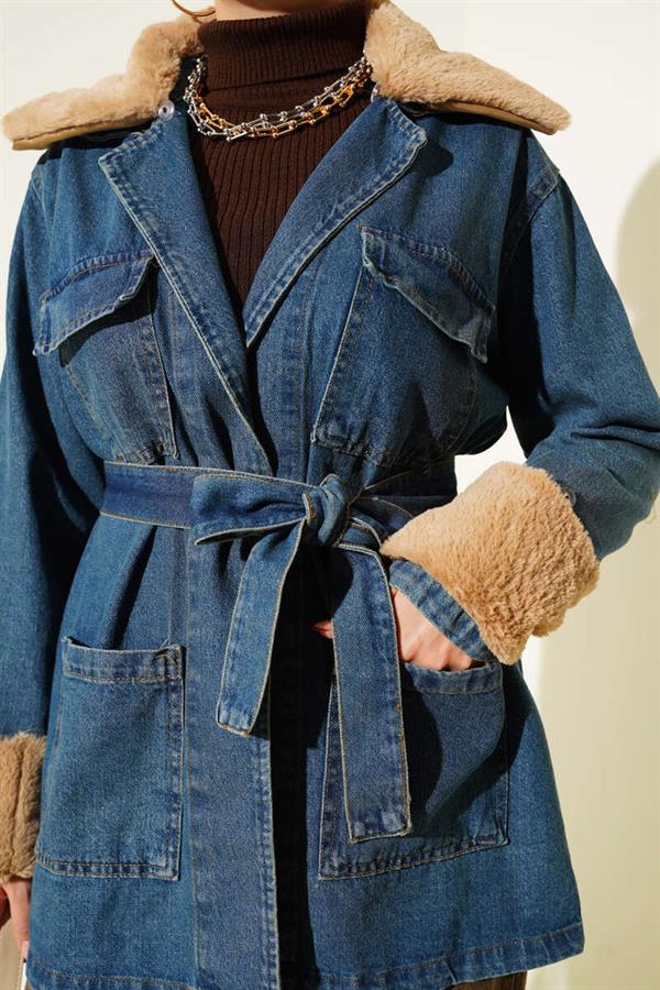 Fur Belt Detailed Denim Jacket Blue