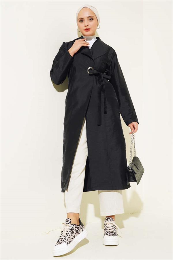 Eyelet Belted Trench Coat Black