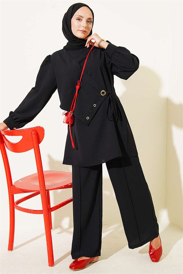 2 Piece Set with Eyelet Detail and Lace-up, Black