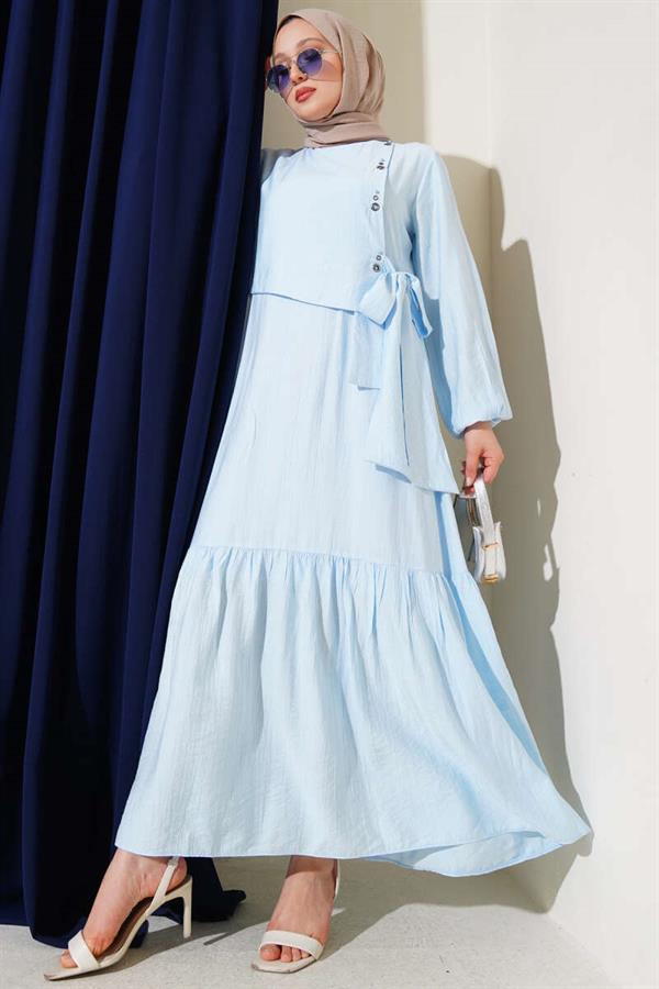 Eyelet Detailed Tie-Up Dress Baby Blue