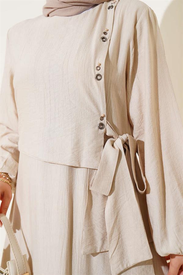Eyelet Detailed Tie Dress Beige