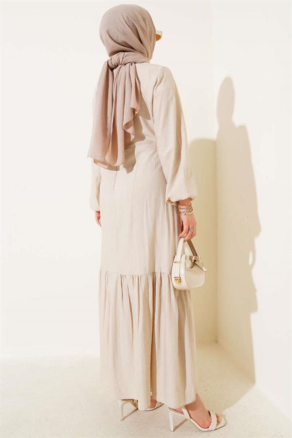 Eyelet Detailed Tie Dress Beige