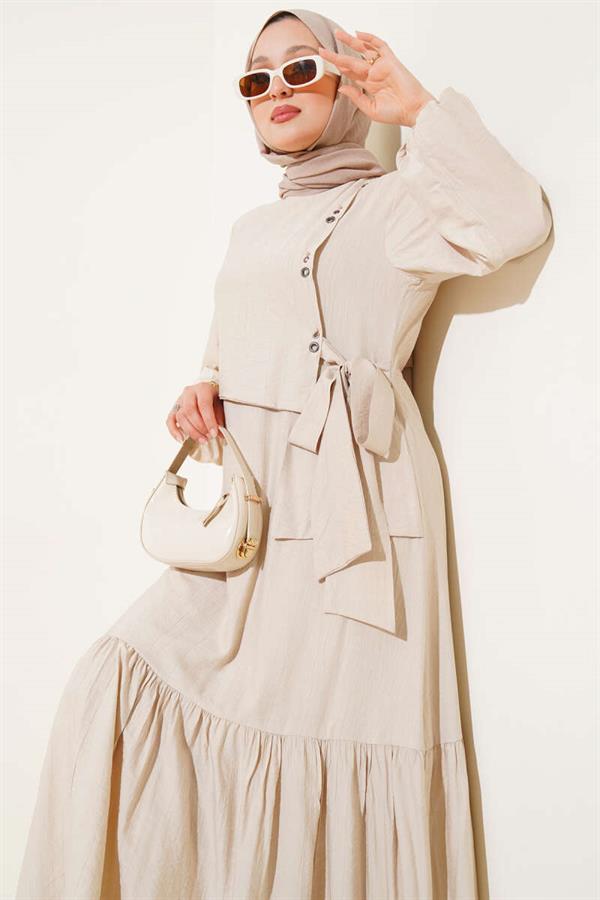 Eyelet Detailed Tie Dress Beige