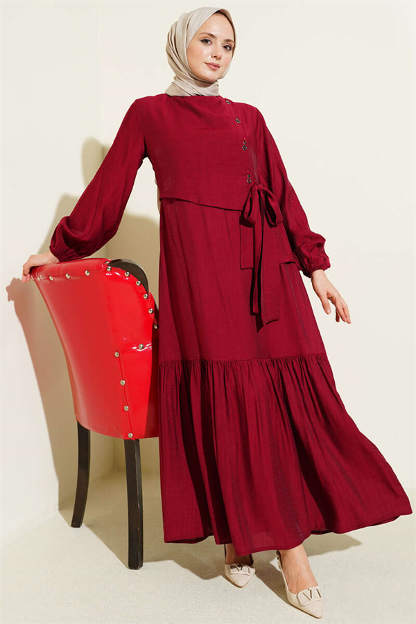 Bird's Eye Detail Tie-Up Dress Burgundy