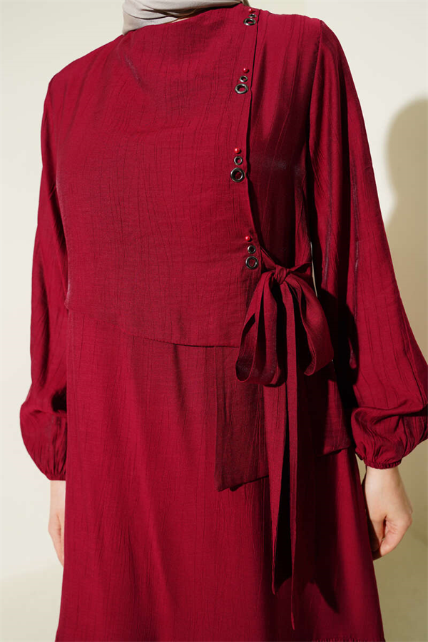 Bird's Eye Detail Tie-Up Dress Burgundy