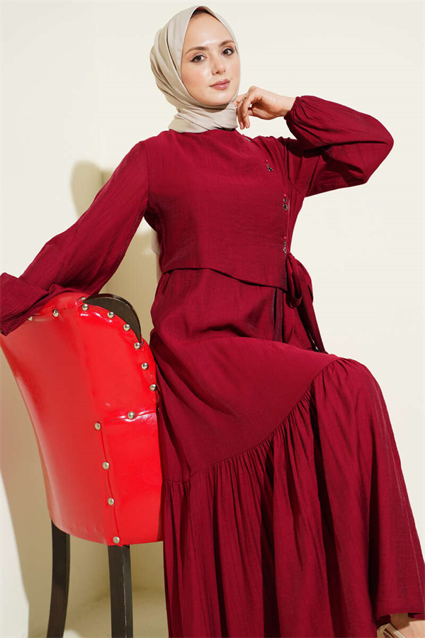 Bird's Eye Detail Tie-Up Dress Burgundy