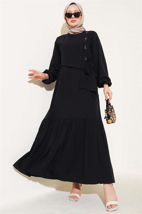 Eyelet Detailed Tie Dress Black