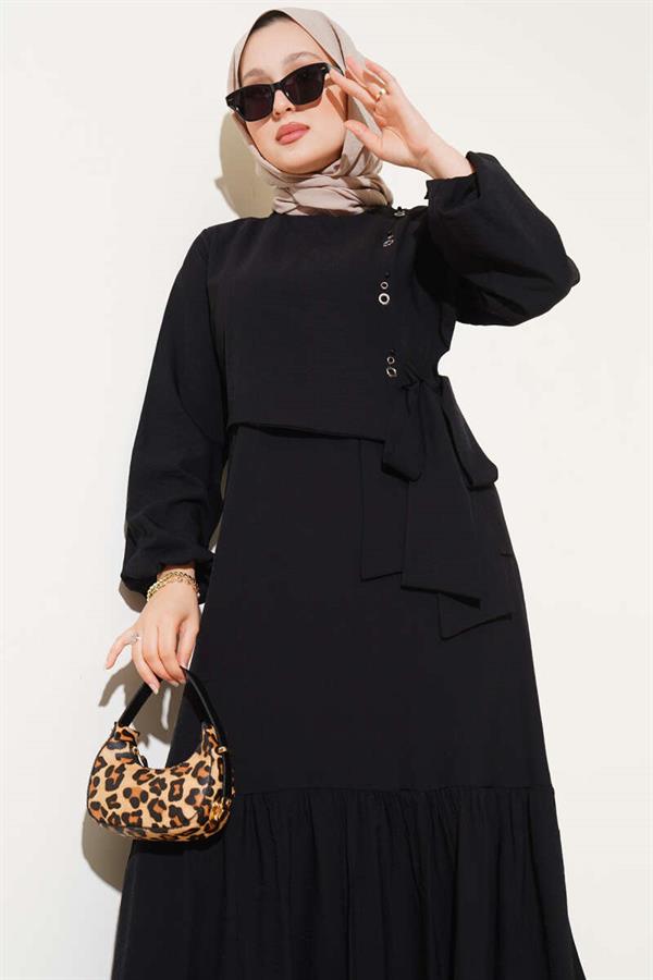 Eyelet Detailed Tie Dress Black