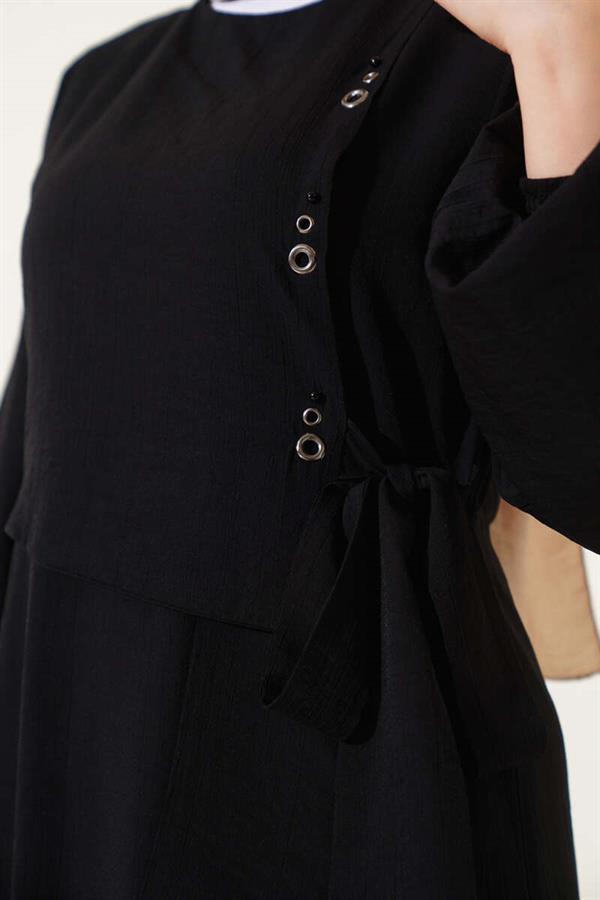 Eyelet Detailed Tie Dress Black