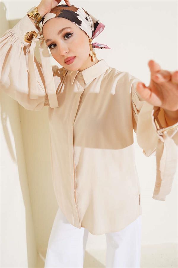 Eyelet Detailed Balloon Sleeve Shirt Beige
