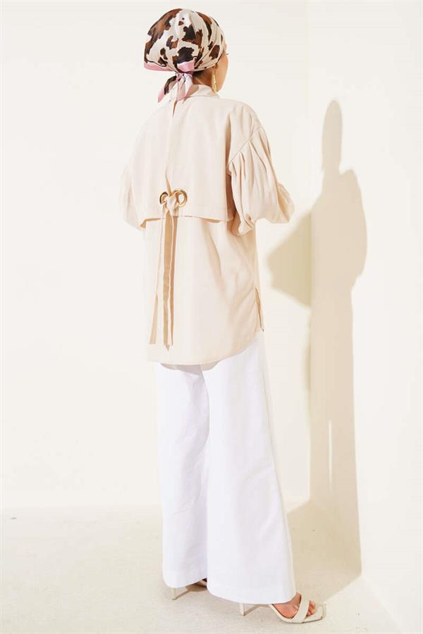 Eyelet Detailed Balloon Sleeve Shirt Beige