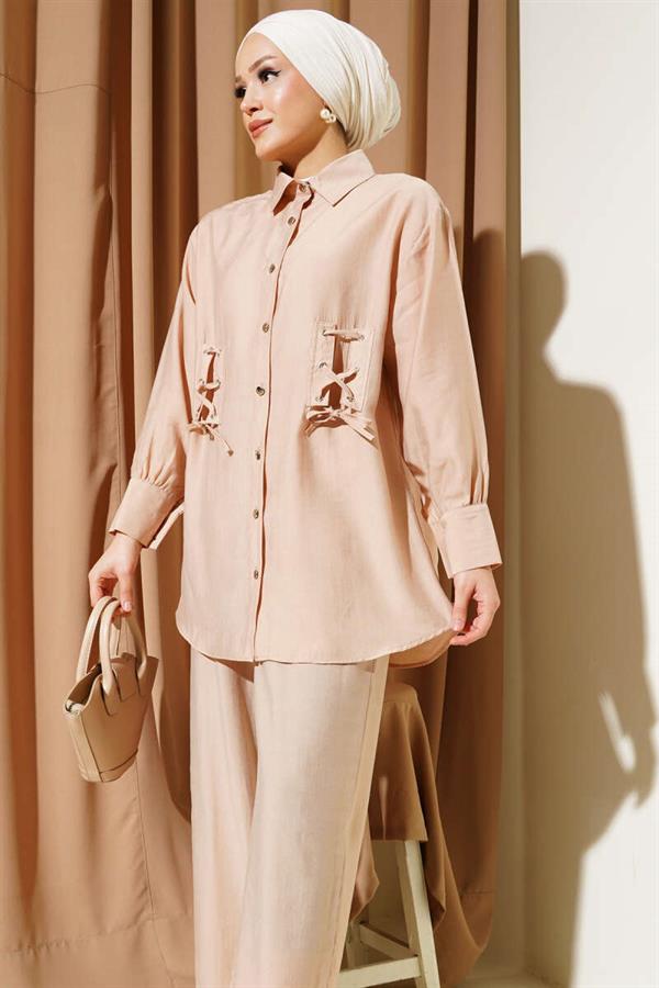 Eyelet Detailed Tunic 2 Piece Set Camel