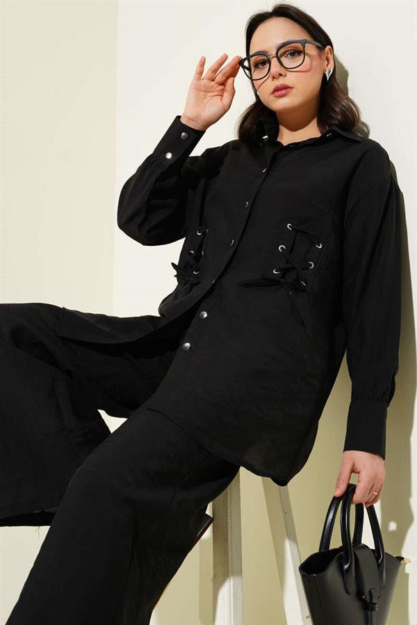 Eyelet Detailed Tunic 2 Piece Set Black