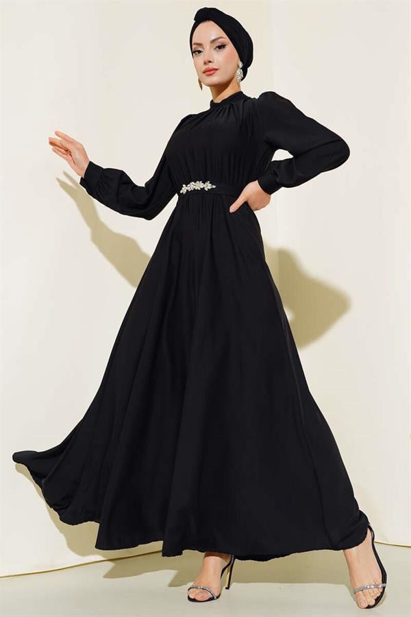 Stone Belted Dress Black