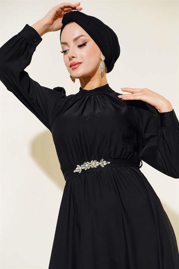 Stone Belted Dress Black