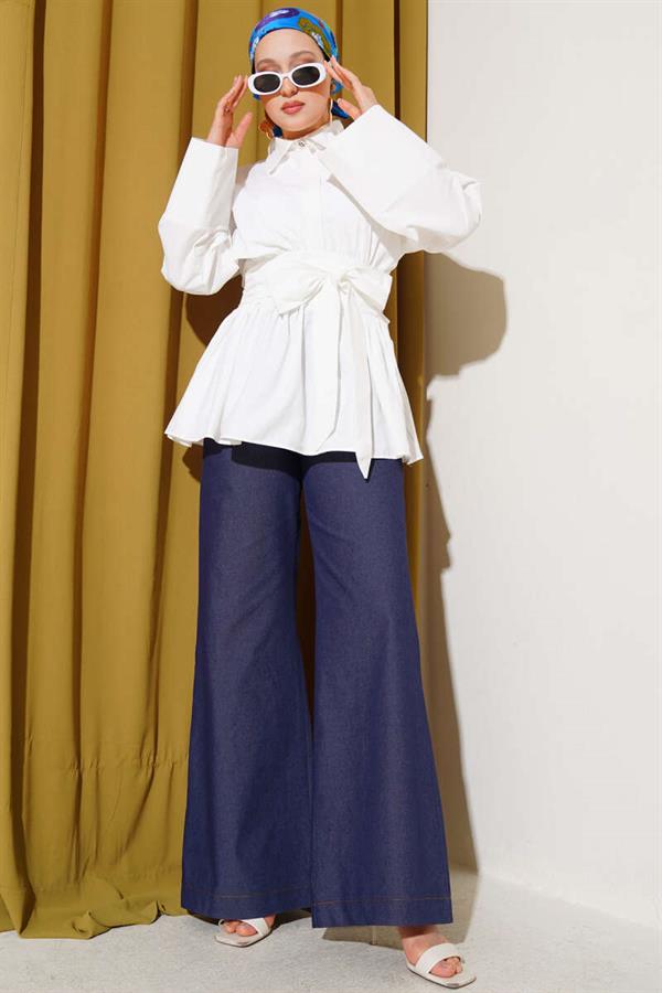 Half Buttoned Tunic with Gathered Belt in White