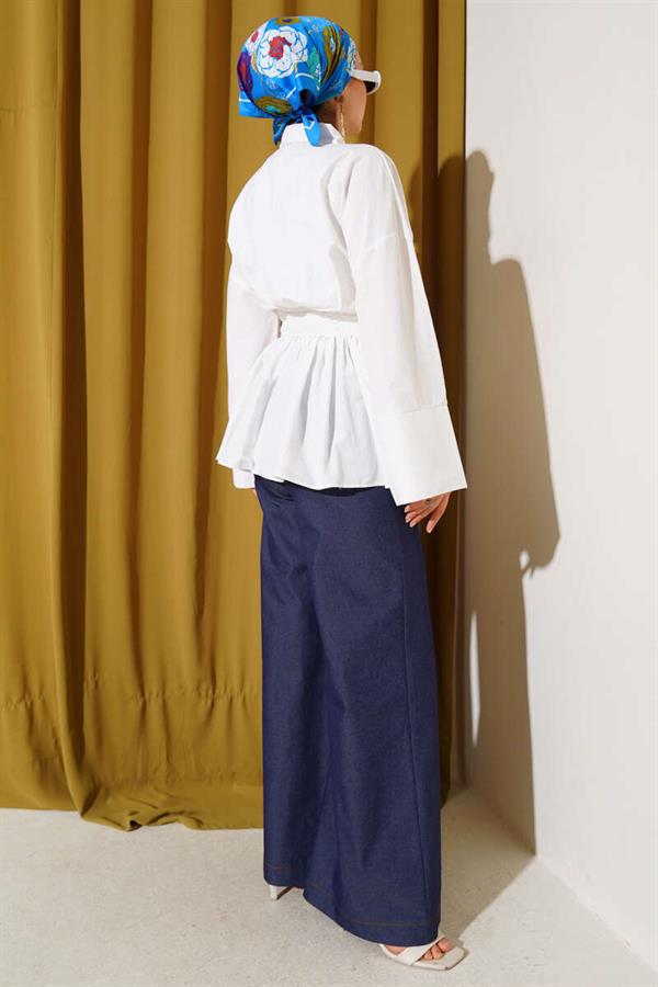 Half Buttoned Tunic with Gathered Belt in White