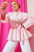 Half-Buttoned Tunic with Gathered Belt in Pink
