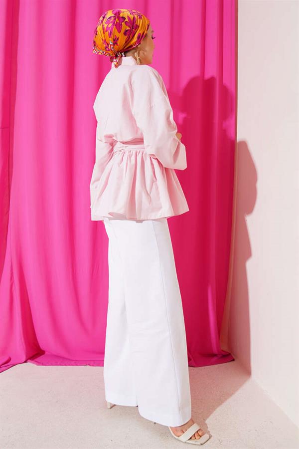 Half-Buttoned Tunic with Gathered Belt in Pink