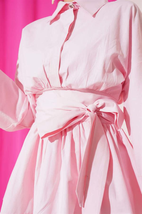 Half-Buttoned Tunic with Gathered Belt in Pink