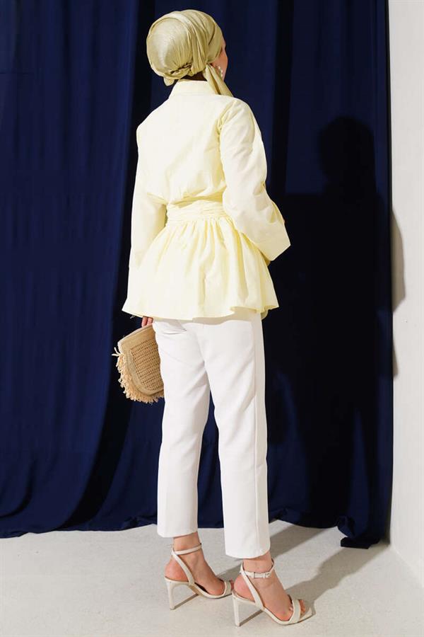 Half-Buttoned Tunic with Gathered Belt in Yellow