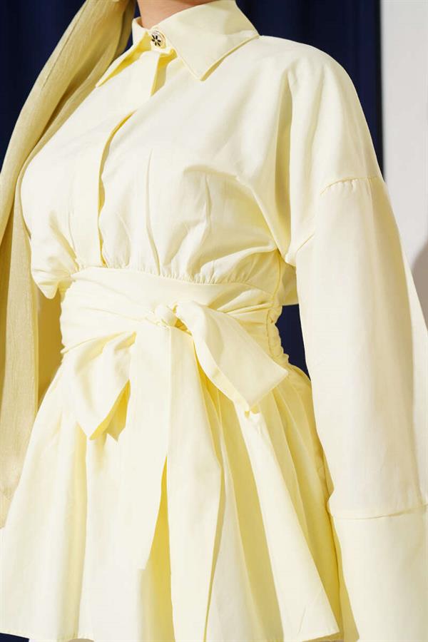 Half-Buttoned Tunic with Gathered Belt in Yellow