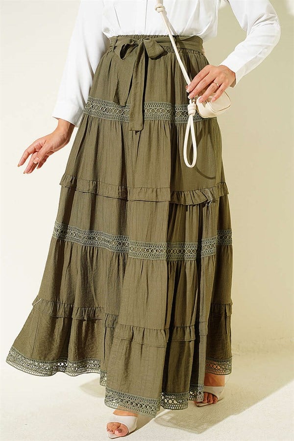 Belted Lace Skirt, Khaki
