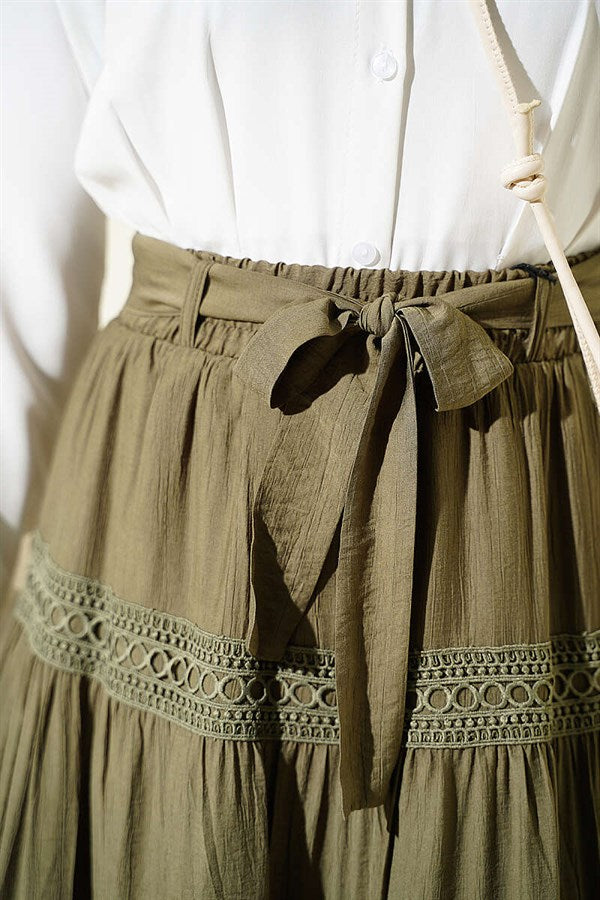 Belted Lace Skirt, Khaki
