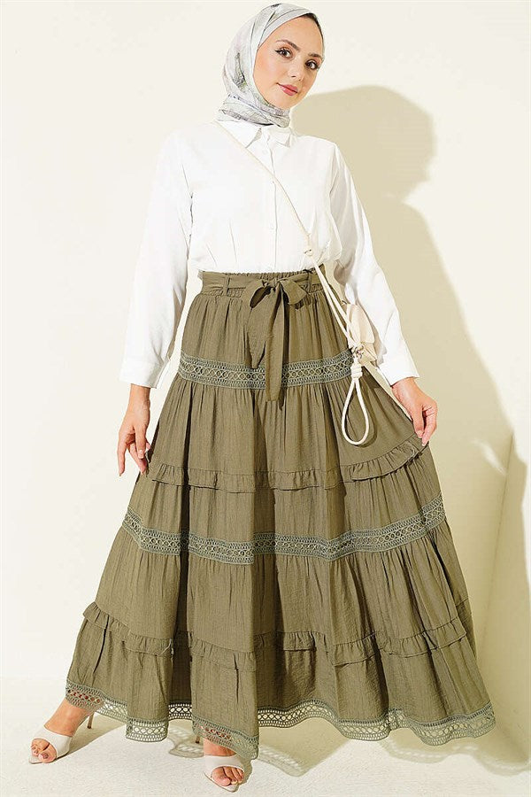 Belted Lace Skirt, Khaki