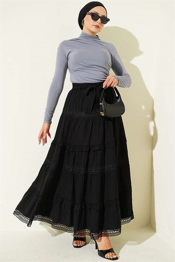 Belted Lace Skirt, Black