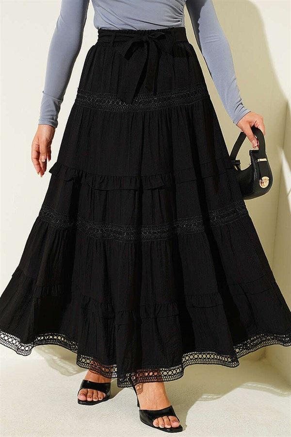 Belted Lace Skirt, Black