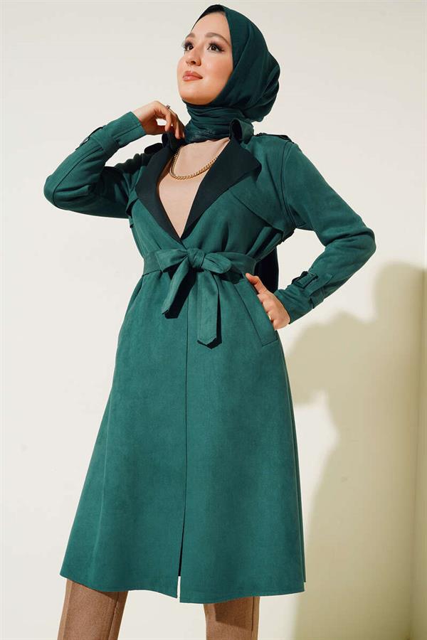 Belted Arabboy Suede Trench Coat Emerald Green