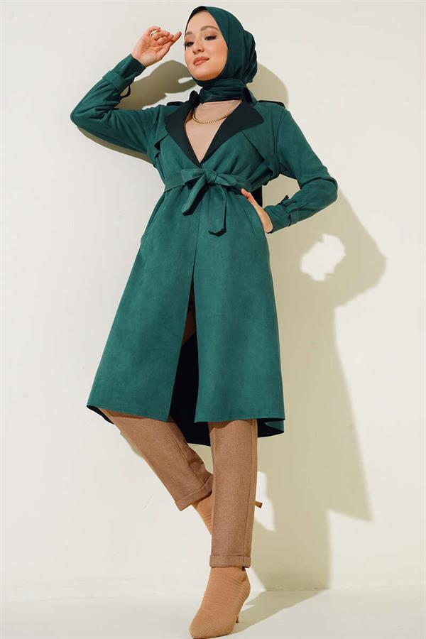Belted Arabboy Suede Trench Coat Emerald Green