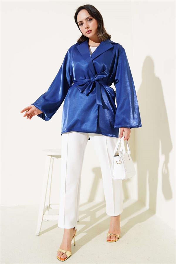 Belted Balloon Sleeve Shiny Jacket Navy Blue