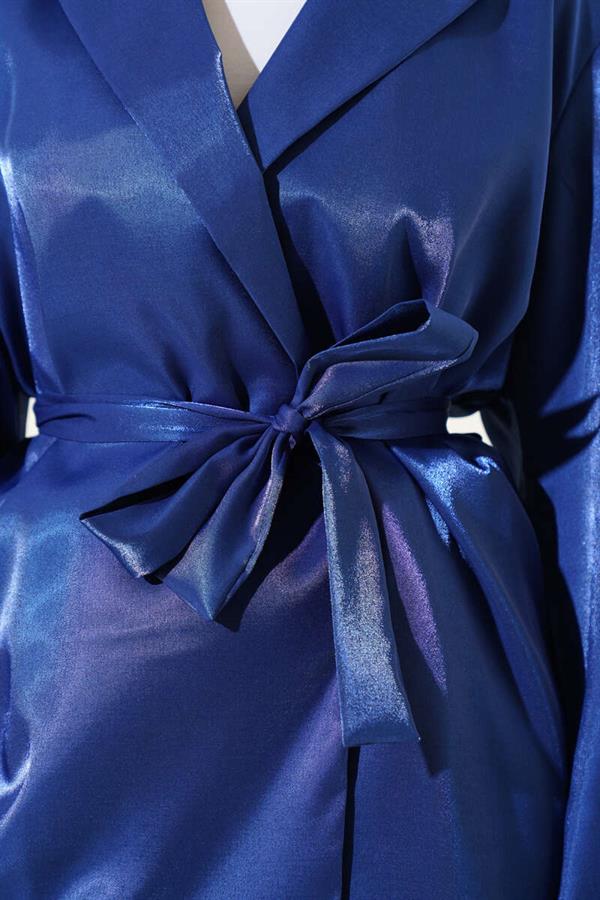 Belted Balloon Sleeve Shiny Jacket Navy Blue
