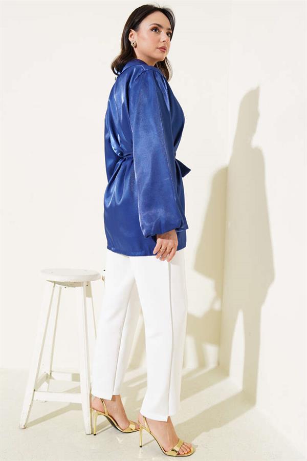 Belted Balloon Sleeve Shiny Jacket Navy Blue