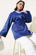 Belted Balloon Sleeve Shiny Jacket Navy Blue
