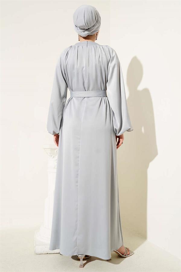 Belted Balloon Sleeve Satin Evening Dress with Stone